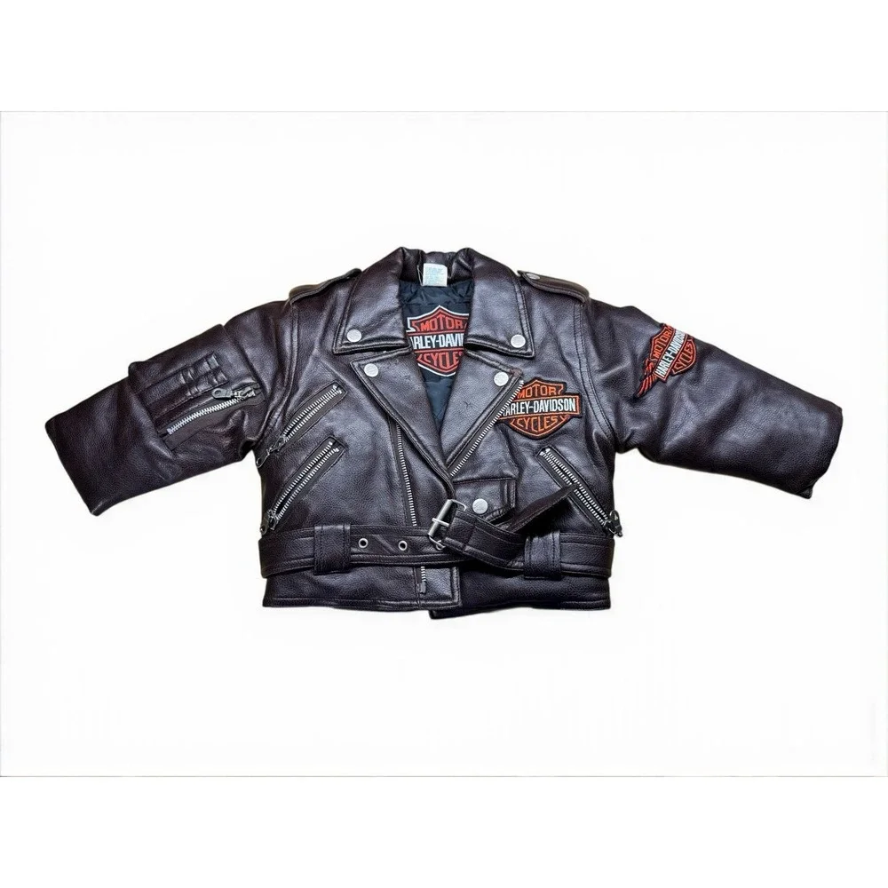 VINTAGE 90's HARLEY DAVIDSON‎ BROWN EMBROIDERED BIKER JACKET Toddler Sz 2T